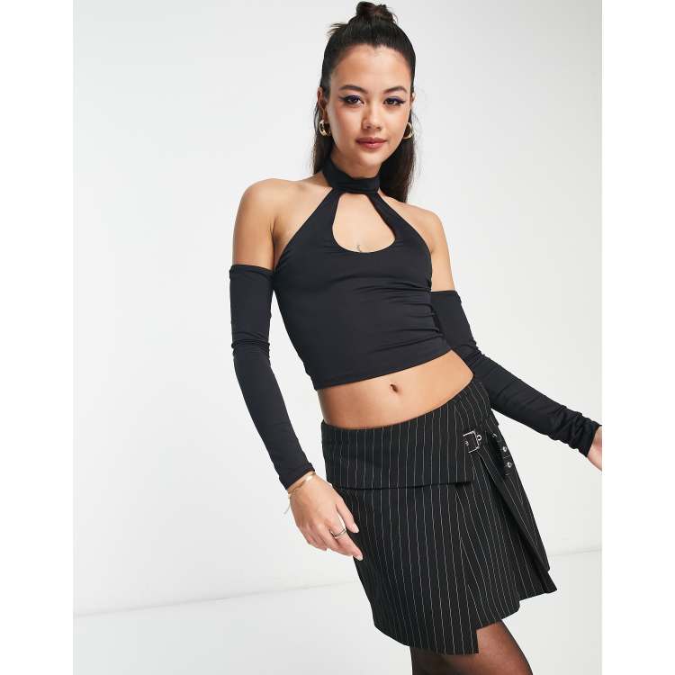 Bershka long sleeve shrug tank top in black