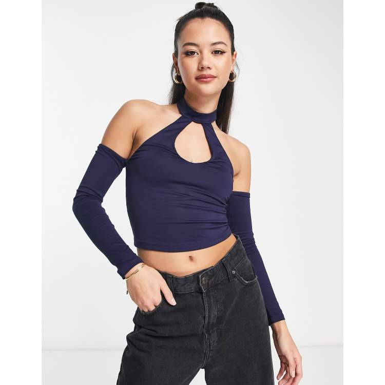 Bershka halter neck long sleeve crop top in purple