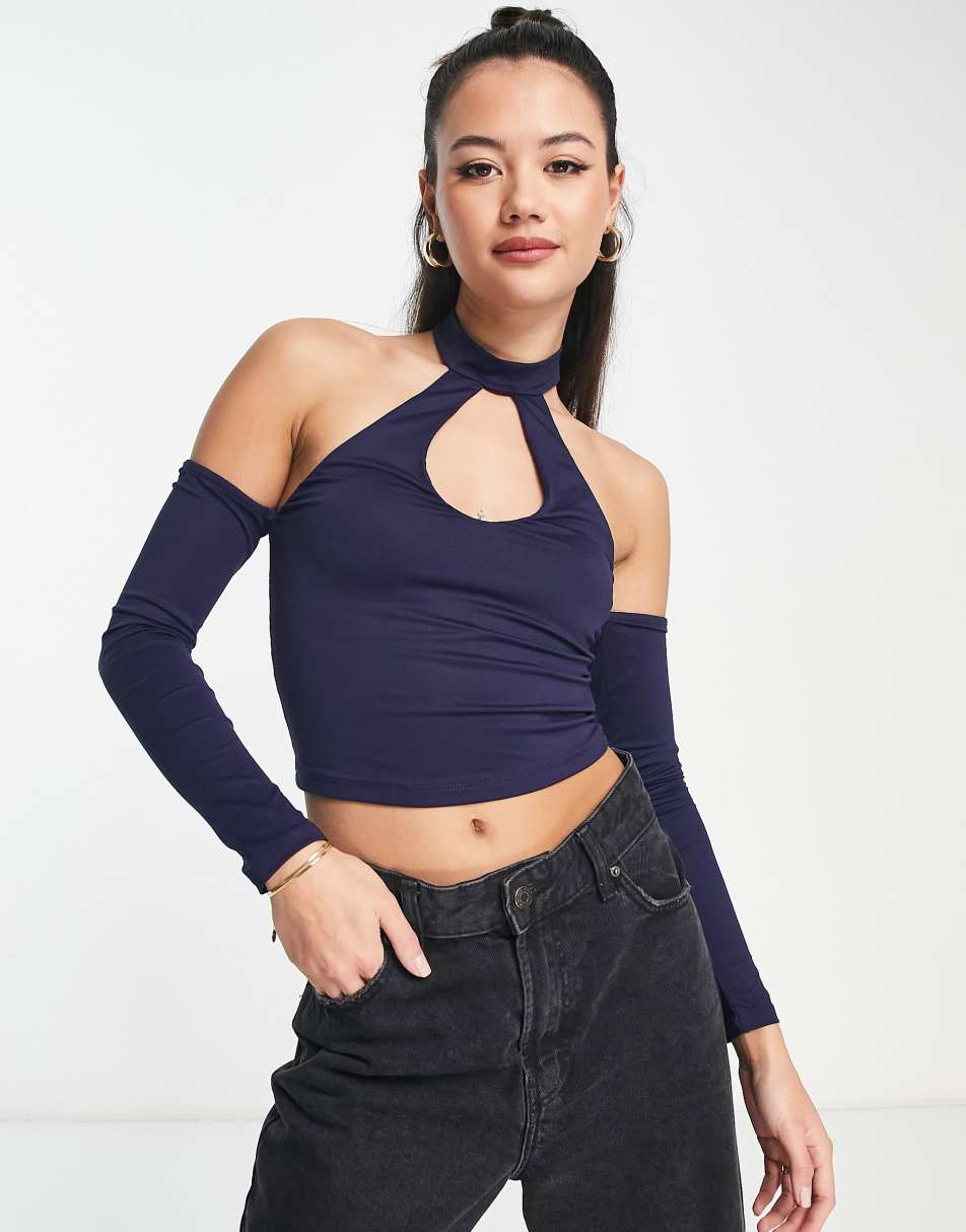 Bershka denim strappy bra top with rhinestone detail