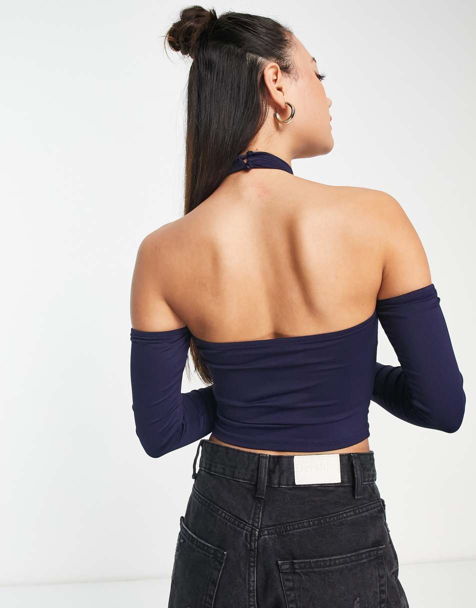 Bershka denim strappy bra top with rhinestone detail