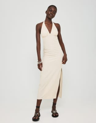 Bershka halter neck midi dress in light yellow