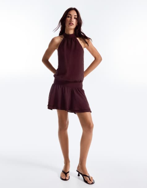 Bershka Halter neck mini dress in burgundy - view 1