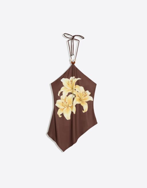 Bershka Halter neck print top in brown, 5 of 5