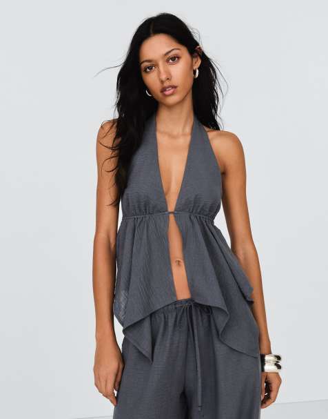 Bershka Halter neck tie top in grey&black - view 1