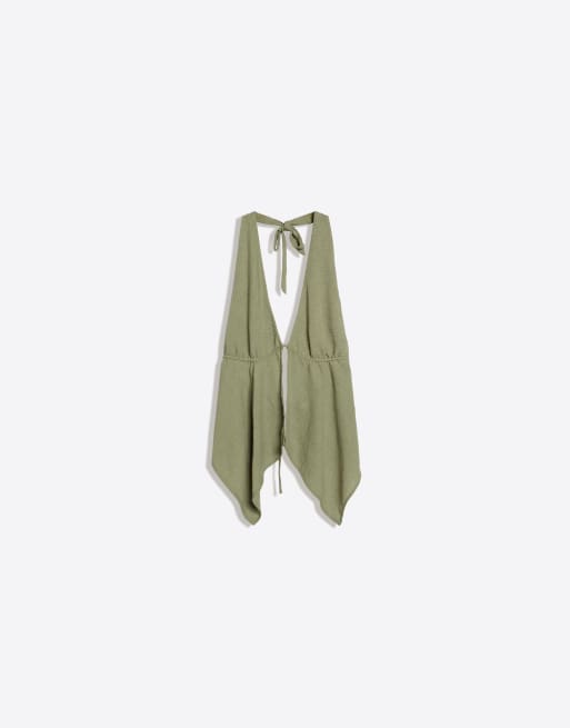 Bershka Halter neck tie top in khaki, 5 of 5