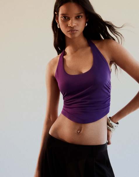 Bershka Halter neck top with back knot in purple
