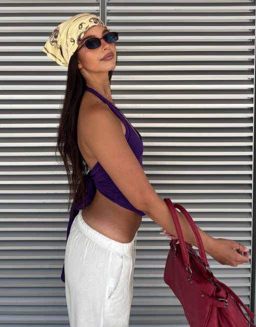 Bershka Halter neck top with back knot in purple, 2 of 5