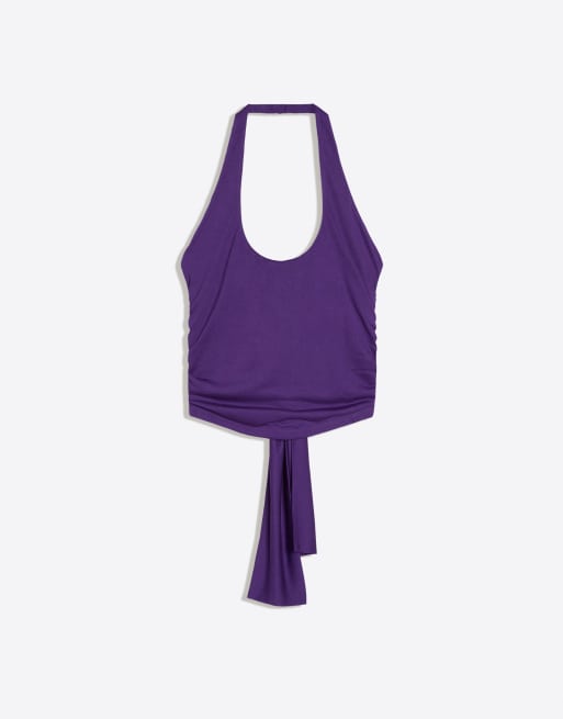 Bershka Halter neck top with back knot in purple, 5 of 5