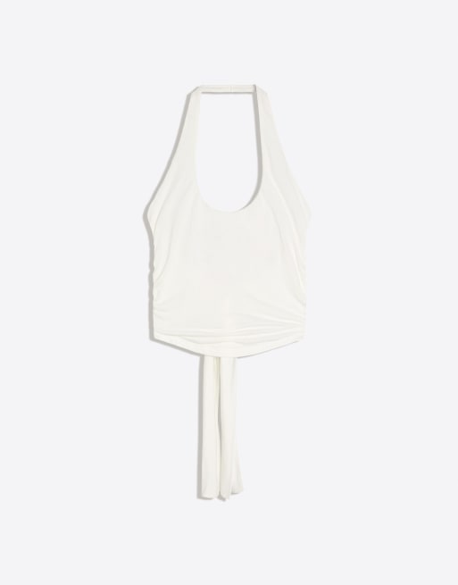 Bershka Halter neck top with back knot in white, 5 of 6