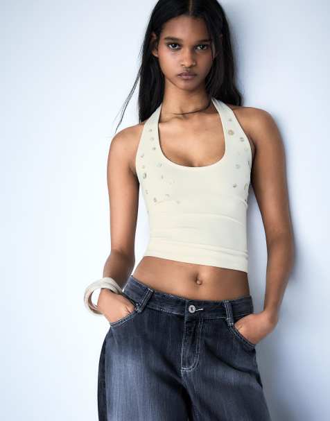 Bershka Halter neck top with buttons in white - view 1