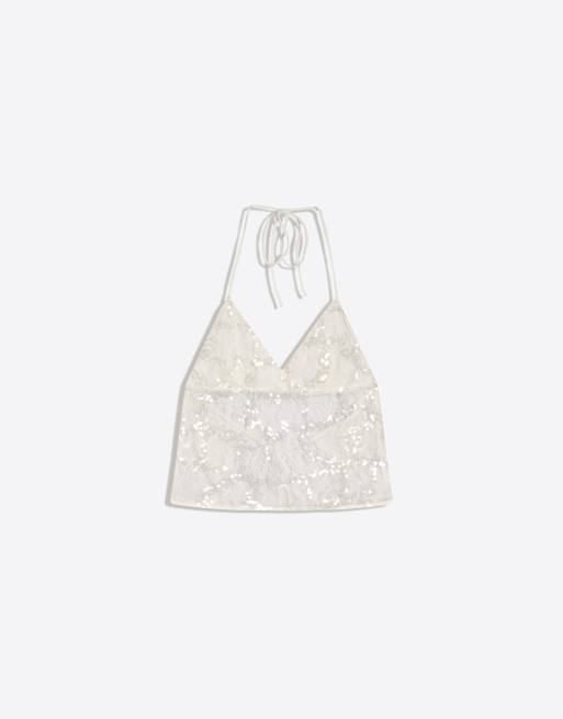 Bershka Halter neck top with lace and sequins in white, 2 of 4