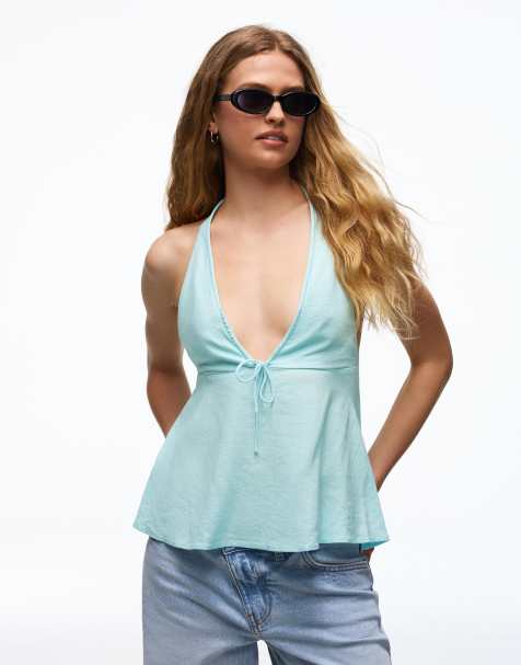 Bershka Halter top linen blend tie in blue - TURQUOISE - view 1