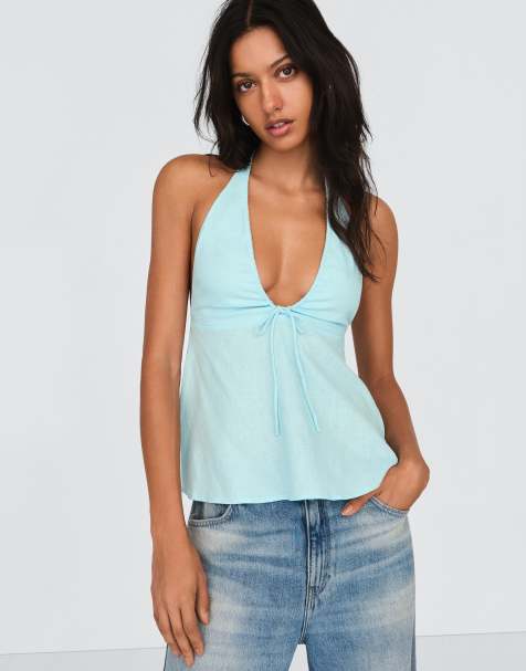 Bershka Halter top linen blend tie in blue - TURQUOISE