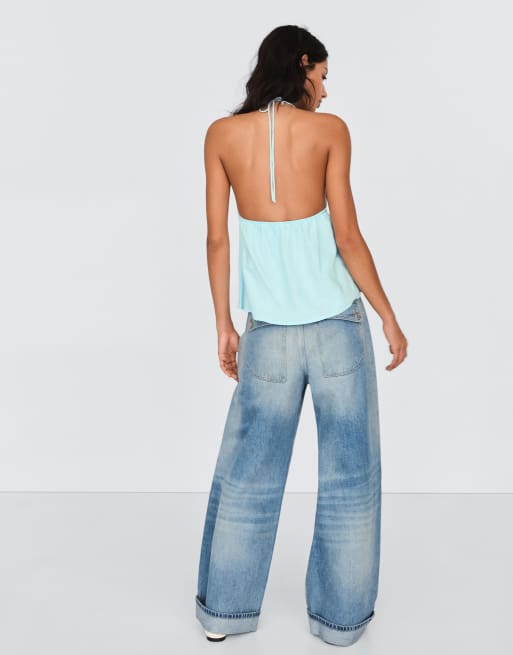 Bershka Halter top linen blend tie in blue - TURQUOISE | ASOS