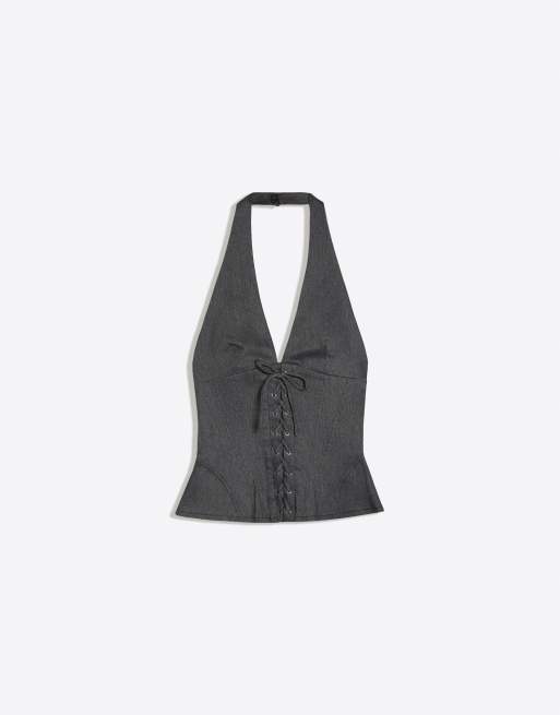 Bershka Halter top with corset effect in dark blue, 5 of 5