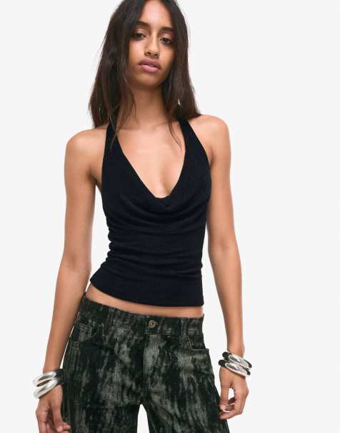 Bershka Halter top with cowl neckline in black - view 1