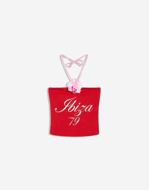 Bershka Halter top with floral print in red, 3 of 4