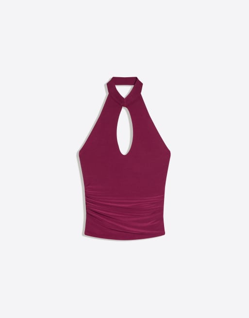 Bershka Halter top with qipao neckline in red, 4 of 4