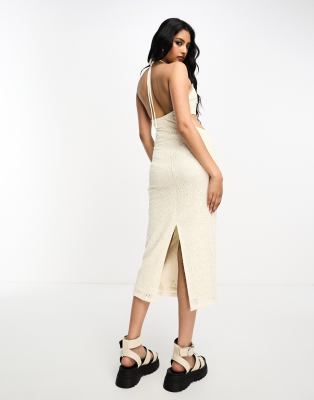 Bershka halterneck crochet midaxi dress in ecru ASOS