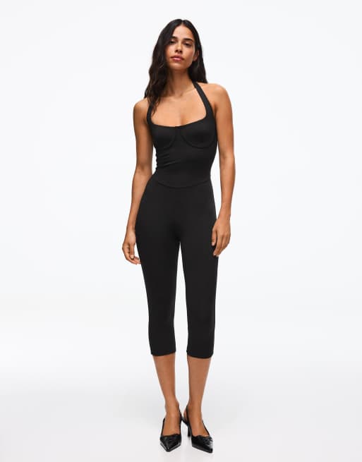 Bershka halterneck jumpsuit med corset-effekt i sort