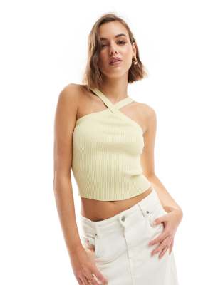 Bershka Halterneck Knit Top In Pistachio-green