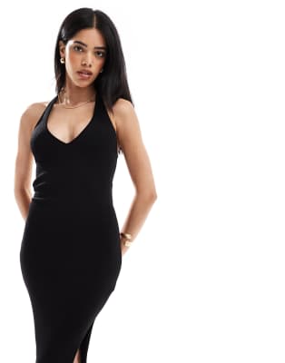 Bershka halterneck knitted bodycon midi dress in black