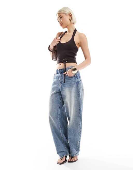 Bershka halterneck knitted top in brown