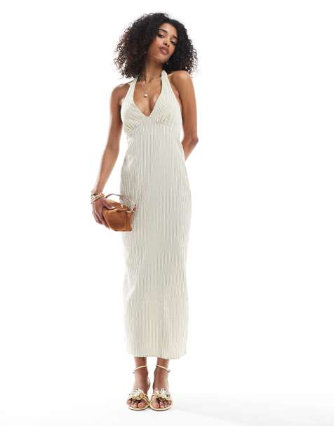 Bershka halterneck linen look maxi dress in ecru stripe - view 1