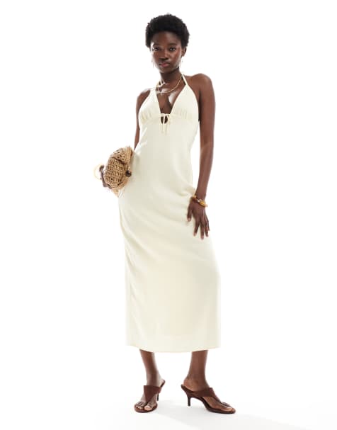 Bershka halterneck linen maxi dress in butter yellow - view 1