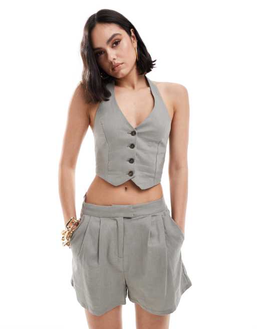 Bershka halterneck linen mix vest in gray - part of a set