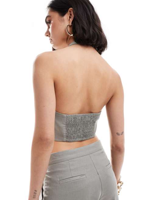 【BERSHKA】Waistcoat ベスト Bershka halterneck linen mix vest in gray - part of a set | ASOS