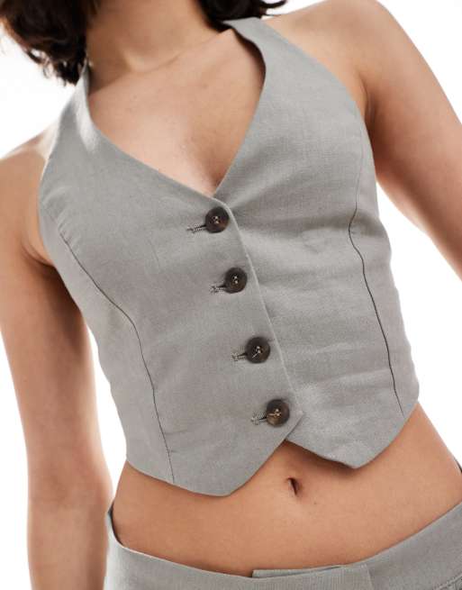 【BERSHKA】Waistcoat ベスト Bershka halterneck linen mix vest in gray - part of a set | ASOS