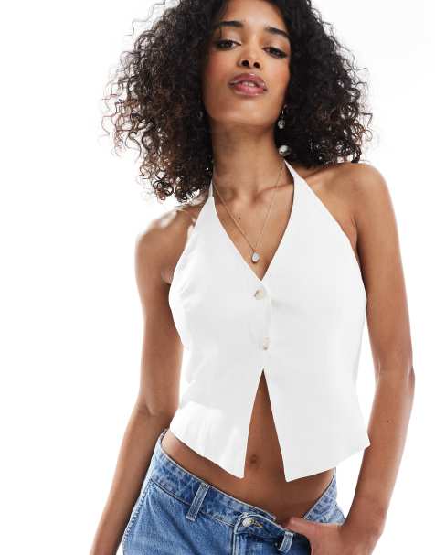 Bershka halterneck linen vest in white - view 1