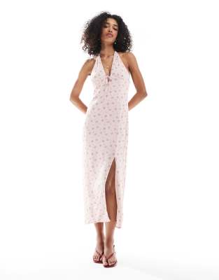 Bershka halterneck maxi dress in pink floral