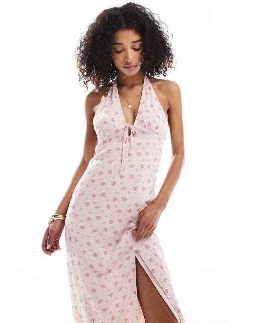 Bershka halterneck maxi dress in pink floral | ASOS