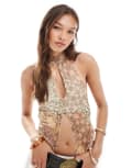 [Bershka] Bershka halterneck mesh top in pink paisley print M PINK