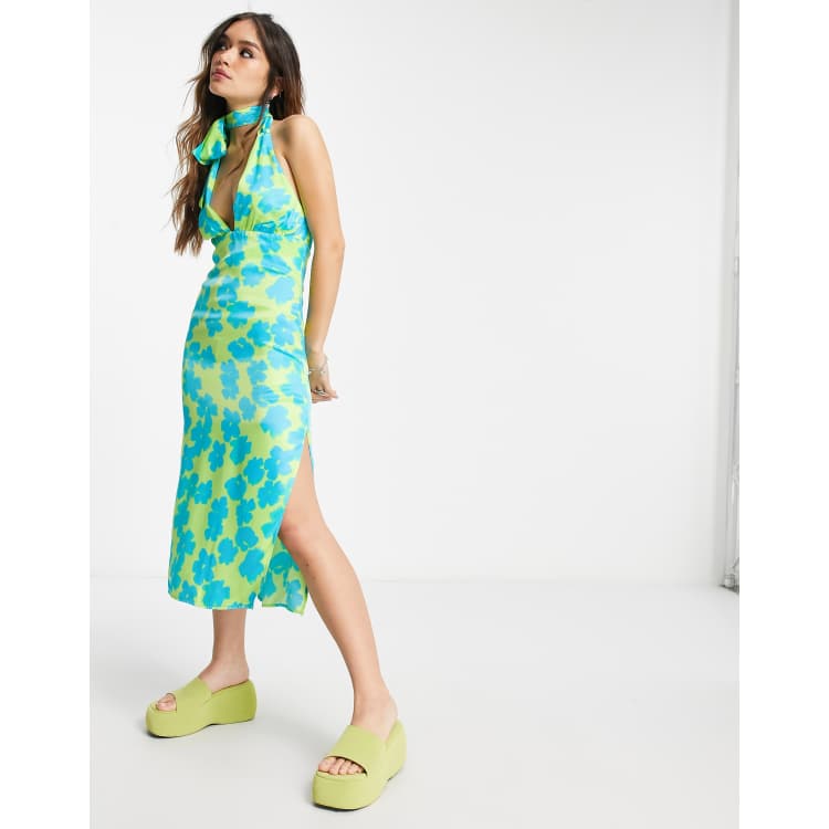 Bershka halterneck midi dress in blue hibiscus floral print | ASOS