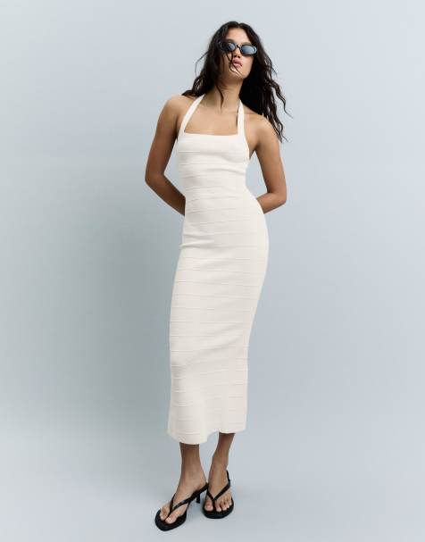 Bershka Halterneck midi dress in ecru - view 1