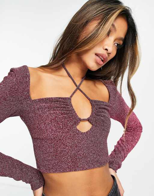 Bershka halterneck strapping detail top pink glitter