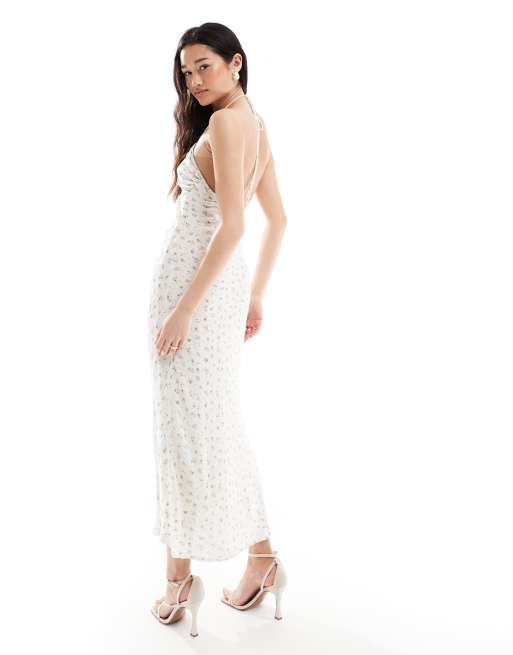 Bershka halterneck tie front maxi dress in ecru floral, 3 of 4