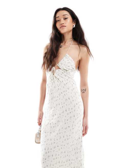 Bershka halterneck tie front maxi dress in ecru floral, 4 of 4