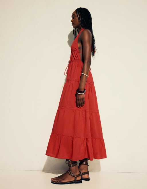 Bershka halterneck tiered maxi dress in red, 2 of 4