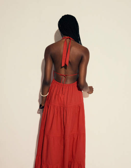 Bershka halterneck tiered maxi dress in red, 3 of 4