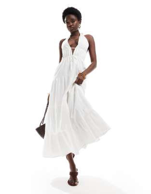 halterneck tiered maxi dress in white