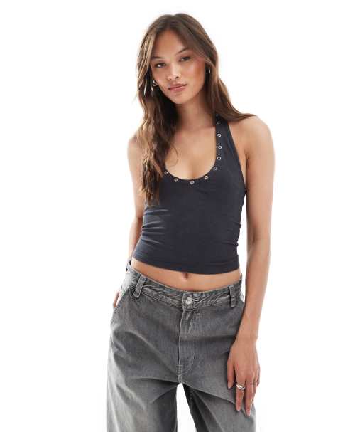 Bershka halterneck top with stud detail in washed black - view 1