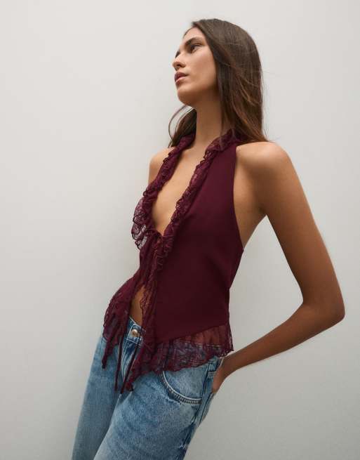 Bershka haltertop med blondeflæser i bordeaux, 2 af 5