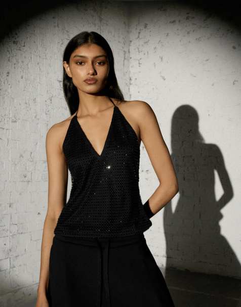 Bershka haltertop med rhinsten-effekt i sort - view 1