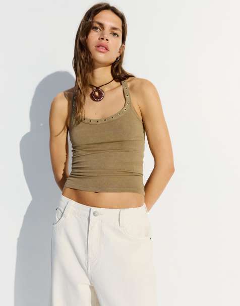 Bershka - Haltertop met oogjes in kaki - view 1