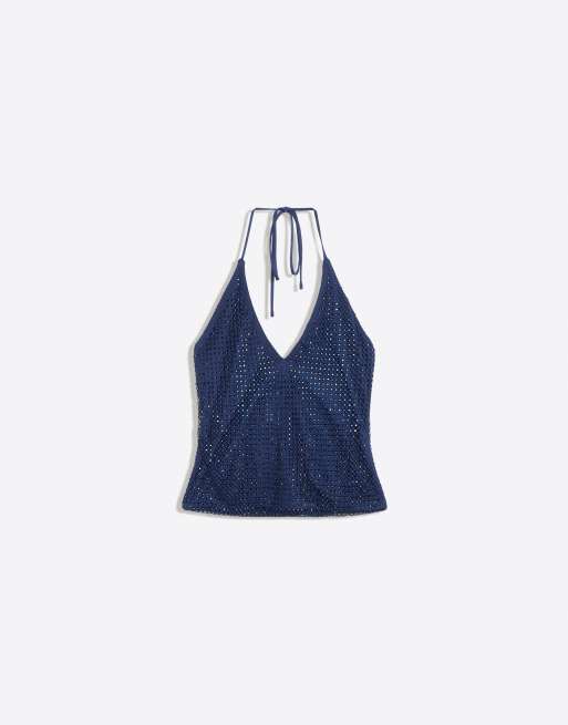Bershka haltertop met strassteeneffect in marineblauw, 5 van 5