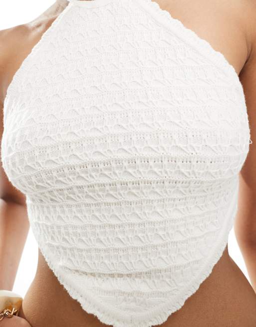 Bershka handkerchief hem crochet top in ecru, 4 of 4